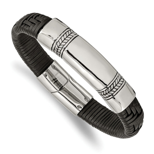Stainless Steel Antiqued and Polished Black Leather 8.25in ID Bracelet - Birthstone Company