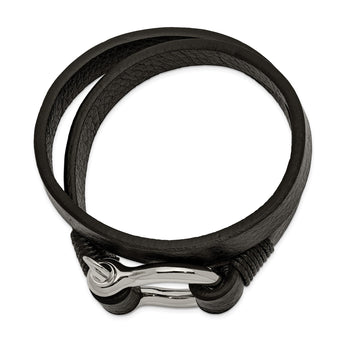 Stainless Steel Polished Textured Black Leather 16in Wrap Shackle Bracelet - Birthstone Company