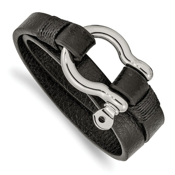 Stainless Steel Polished Textured Black Leather 16in Wrap Shackle Bracelet - Birthstone Company