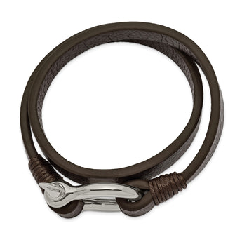 Stainless Steel Polished Brown Leather 16in Wrap Shackle Bracelet - Birthstone Company