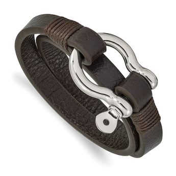 Stainless Steel Polished Brown Leather 16in Wrap Shackle Bracelet - Birthstone Company
