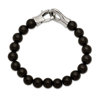 Stainless Steel Polished Black Agate Beads 9in Bracelet - Birthstone Company