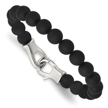 Stainless Steel Polished Black Agate Beads 9in Bracelet - Birthstone Company