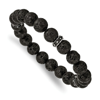 Stainless Steel Polished Black Enamel Lave Stone Beads Stretch Bracelet - Birthstone Company