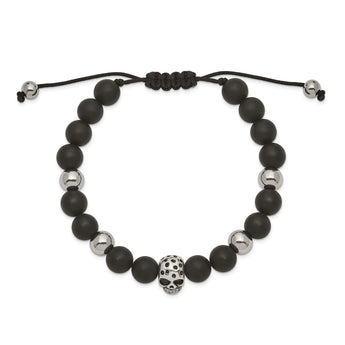 Stainless Steel Polished Black Onyx Beaded Skull Adj. Bracelet - Birthstone Company