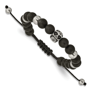 Stainless Steel Polished Black Onyx Beaded Skull Adj. Bracelet - Birthstone Company
