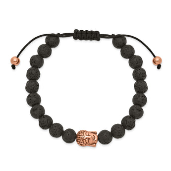 Stainless Steel Polished Rose IP Lava Stone Buddha Adjustable Bracelet - Birthstone Company