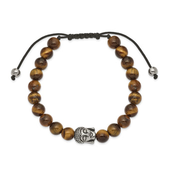Stainless Steel Polished Tiger's Eye Buddha Adjustable Bracelet - Birthstone Company