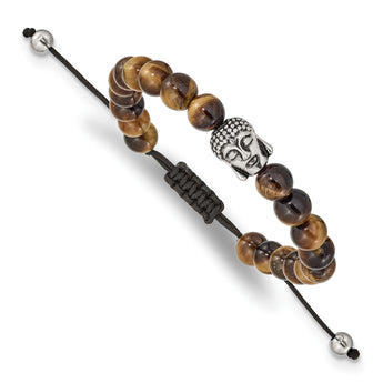 Stainless Steel Polished Tiger's Eye Buddha Adjustable Bracelet - Birthstone Company