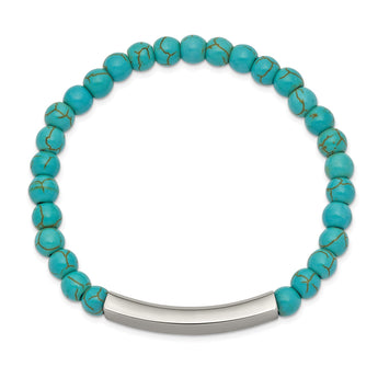 Stainless Steel Polished ID Plate 6mm Reconstructed Turquoise Beaded Stretch Bracelet - Birthstone Company