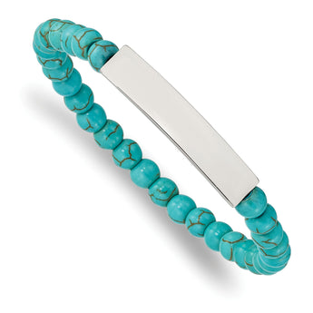Stainless Steel Polished ID Plate 6mm Reconstructed Turquoise Beaded Stretch Bracelet - Birthstone Company