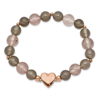 Stainless Steel Polished Rose IP Heart Grey Agate/Strawberry Quartz Stretch - Birthstone Company