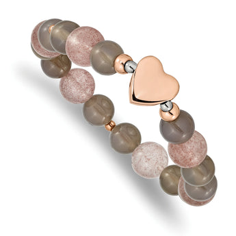 Stainless Steel Polished Rose IP Heart Grey Agate/Strawberry Quartz Stretch - Birthstone Company