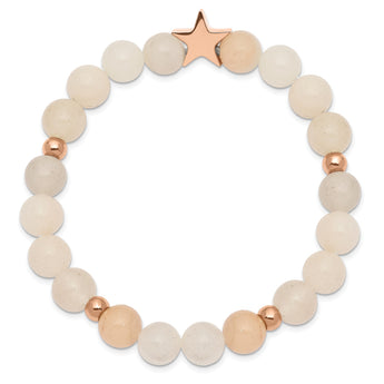 Stainless Steel Polished Rose IP Star White/Pink Aventurine Stretch Bracele - Birthstone Company