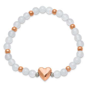 Stainless Steel Rose IP-plated Heart White Agate Stretch Bracelet - Birthstone Company