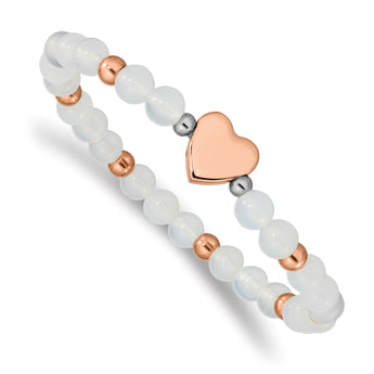 Stainless Steel Rose IP-plated Heart White Agate Stretch Bracelet - Birthstone Company