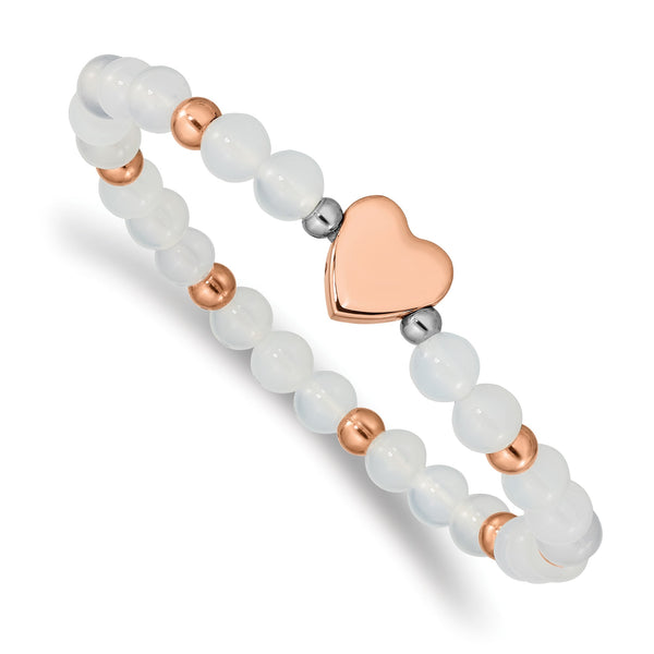 Stainless Steel Rose IP-plated Heart White Agate Stretch Bracelet - Birthstone Company
