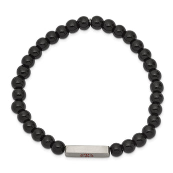 Stainless Steel Brushed Medical ID Plate Onyx Bead Stretch Bracelet - Birthstone Company