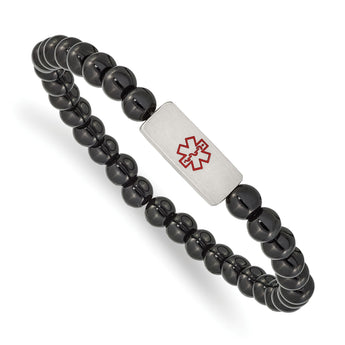 Stainless Steel Brushed Medical ID Plate Onyx Bead Stretch Bracelet - Birthstone Company