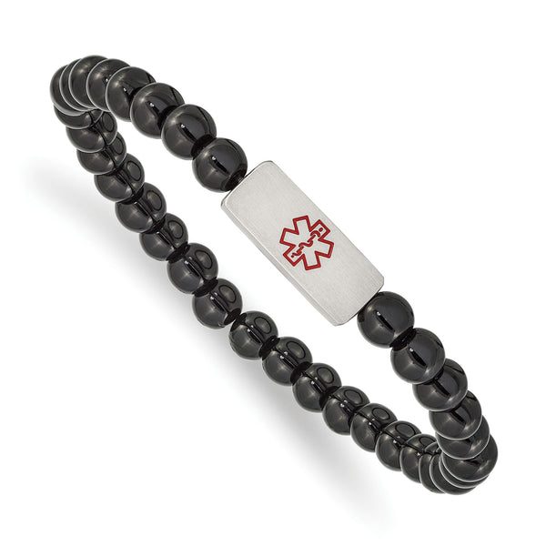 Stainless Steel Brushed Medical ID Plate Onyx Bead Stretch Bracelet - Birthstone Company