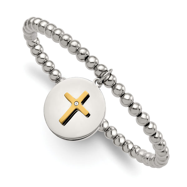 Stainless Steel Polished Yellow IP Cross w/Crystal FAITH Stretch Bracelet - Birthstone Company