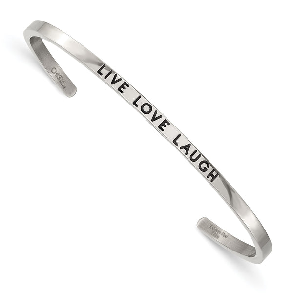 Stainless Steel Polished Enamel/Crystal LIVE LOVE LAUGH 3mm Cuff Bangle - Birthstone Company