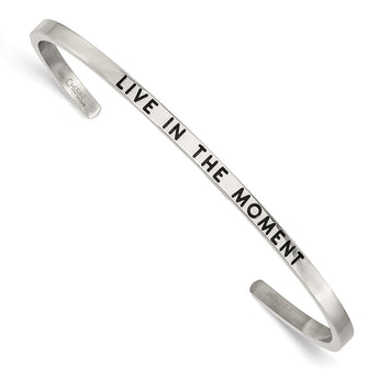 Stainless Steel Polished Enamel/Crystal IN THE MOMENT 3mm Cuff Bangle - Birthstone Company