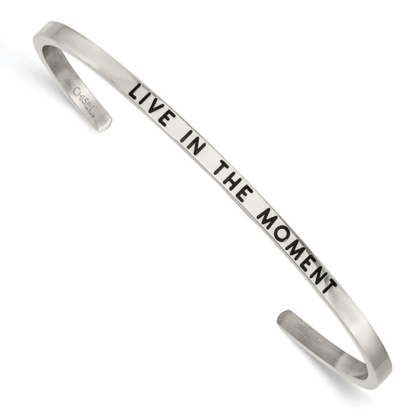Stainless Steel Polished Enamel/Crystal IN THE MOMENT 3mm Cuff Bangle - Birthstone Company