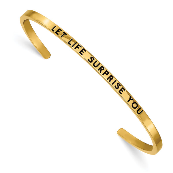 Stainless Steel Polished Yellow IP w/Enamel/Crystal LET LIFE. Cuff Bangle - Birthstone Company