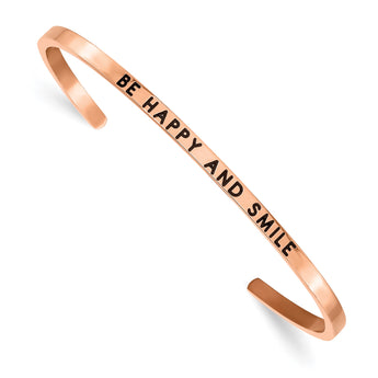 Stainless Steel Polished Rose IP Enamel/Crystal BE HAPPY 3mm Cuff Bangle - Birthstone Company