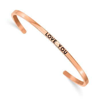 Stainless Steel Polished Rose IP Enamel/Crystal LOVE YOU 3mm Cuff Bangle - Birthstone Company