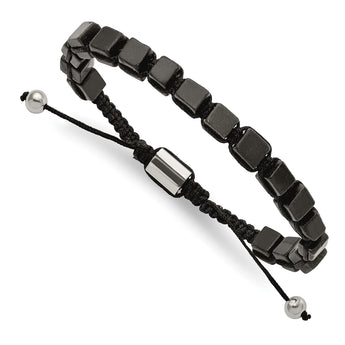 Stainless Steel Polished with Black Agate Macrame Adjustable Bracelet - Birthstone Company