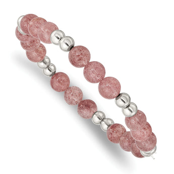 Stainless Steel Polished Strawberry Quartz Beaded Stretch Bracelet - Birthstone Company