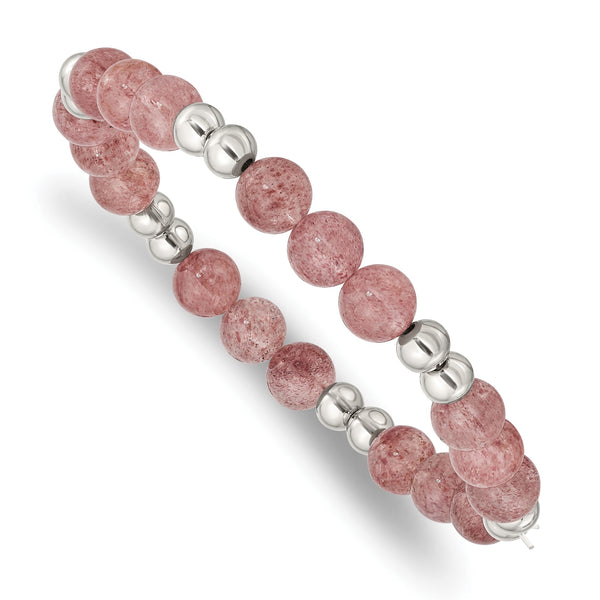 Stainless Steel Polished Strawberry Quartz Beaded Stretch Bracelet - Birthstone Company