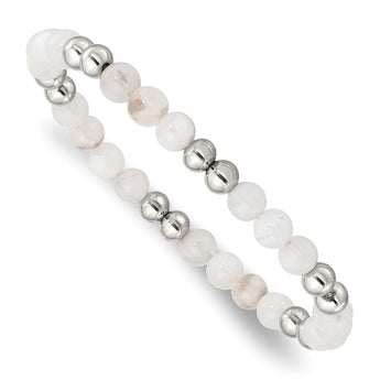 Stainless Steel Polished 6mm White Moonstone Beaded Stretch Bracelet for Women - Birthstone Company