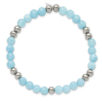 Stainless Steel Polished Blue Quartz Beaded Stretch Bracelet - Birthstone Company