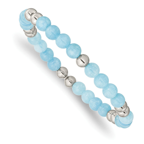 Stainless Steel Polished Blue Quartz Beaded Stretch Bracelet - Birthstone Company