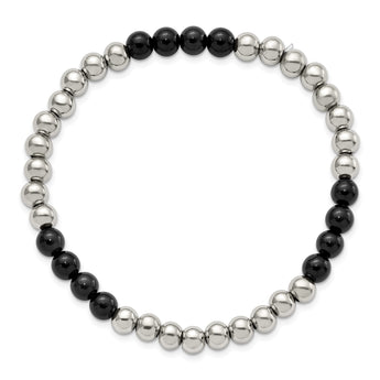 Stainless Steel Polished Black Onyx Beaded Stretch Bracelet - Birthstone Company
