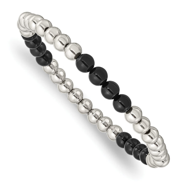 Stainless Steel Polished Black Onyx Beaded Stretch Bracelet - Birthstone Company