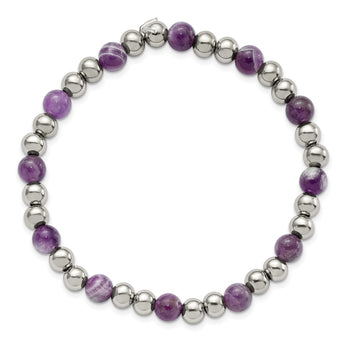 Stainless Steel Polished 6mm Purple Zebra Amethyst Beaded Stretch Bracelet for Women - Birthstone Company