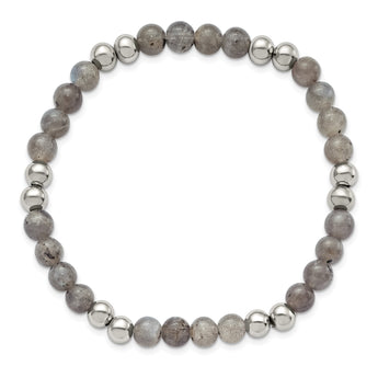 Stainless Steel Polished Grey Quartz Beaded Stretch Bracelet - Birthstone Company