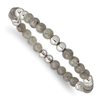 Stainless Steel Polished Grey Quartz Beaded Stretch Bracelet - Birthstone Company