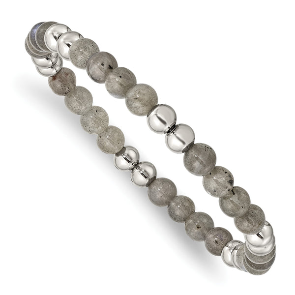 Stainless Steel Polished Grey Quartz Beaded Stretch Bracelet - Birthstone Company