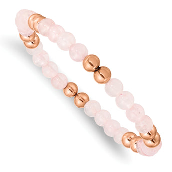 Stainless Steel Polished Rose IP-plated Pink Quartz Beaded Stretch Bracelet - Birthstone Company