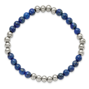 Stainless Steel Polished 6mm Lapis Beaded Stretch Bracelet for Women - Birthstone Company