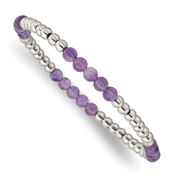 Stainless Steel Polished 4mm Purple Zebra Amethyst Beaded Stretch Bracelet for Women - Birthstone Company