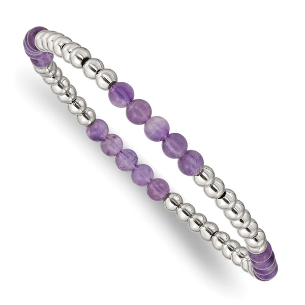 Stainless Steel Polished 4mm Purple Zebra Amethyst Beaded Stretch Bracelet for Women - Birthstone Company
