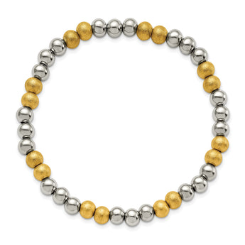 Stainless Steel Polished Yellow IP Sand Blasted Beaded Stretch Bracelet - Birthstone Company