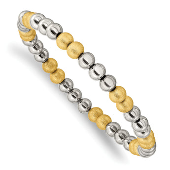Stainless Steel Polished Yellow IP Sand Blasted Beaded Stretch Bracelet - Birthstone Company