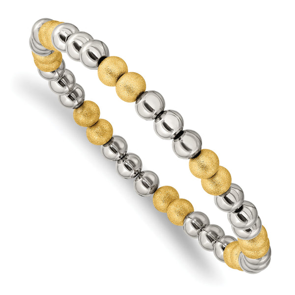 Stainless Steel Polished Yellow IP Sand Blasted Beaded Stretch Bracelet - Birthstone Company
